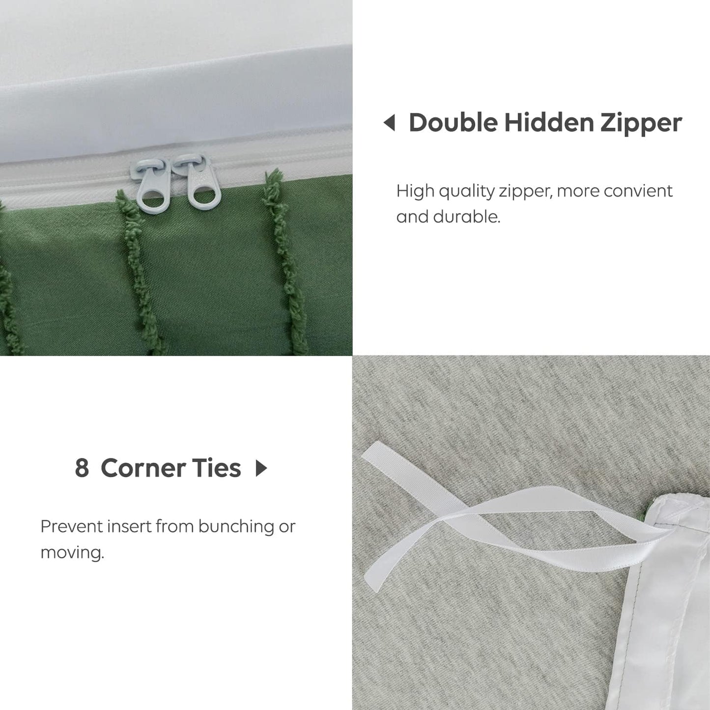 JELLYMONI Duvet Cover Queen Size Green and White - 3PCS Boho Striped Duvet Cover Set Polyester Tufted Bohemian Textured Comforter Cover with Corner Ties & Zipper Closure