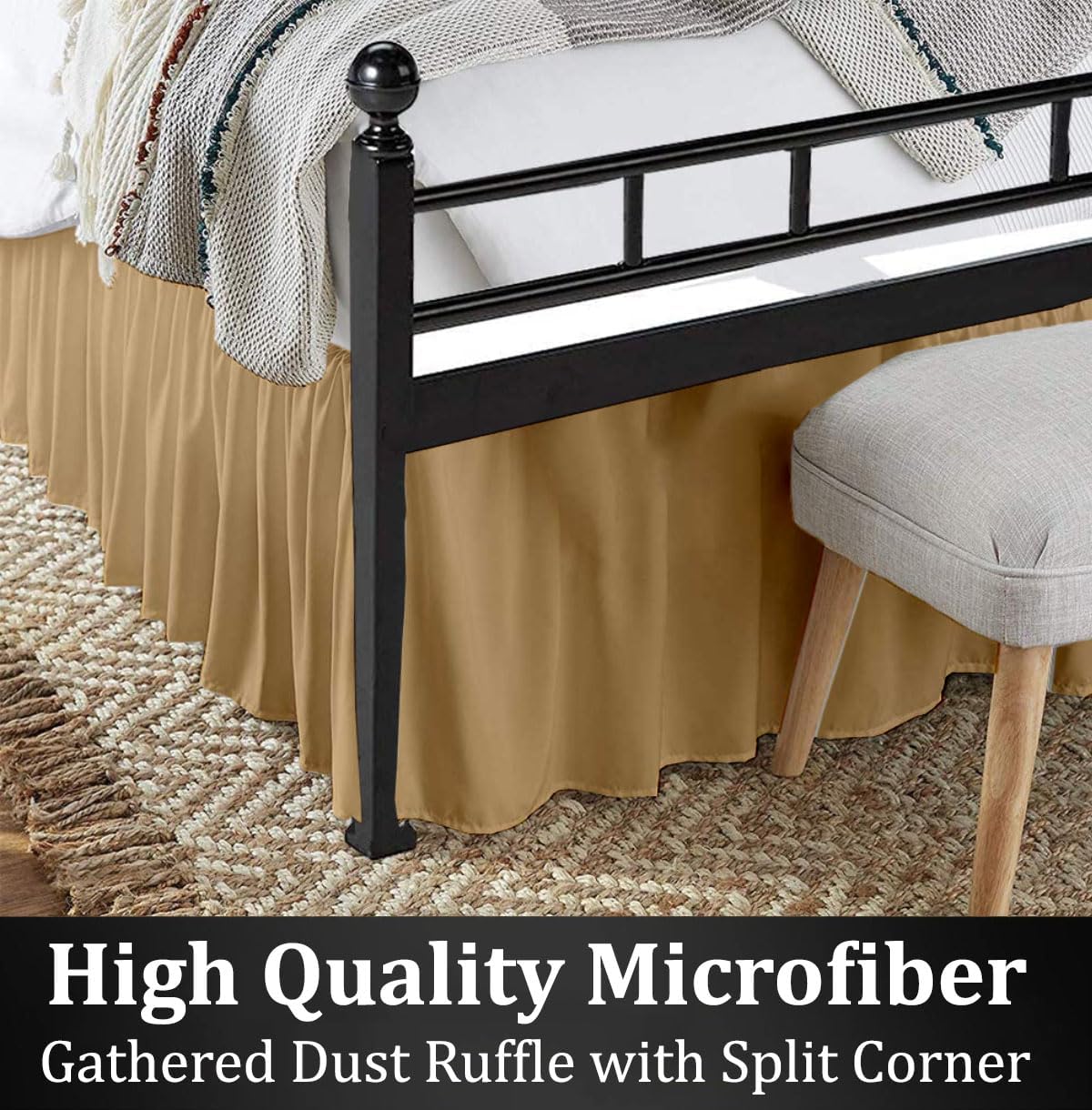 Ruffled Bed Skirt with Split Corners, Taupe, Queen 21 Inch Drop Bedskirt, Hotel Quality Brushed Microfiber Wrinkle Free Dust Ruffle Bed Skirt Queen Size