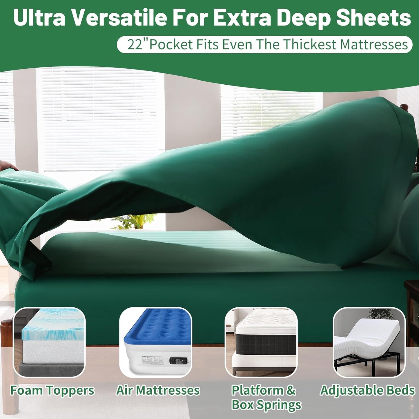 Extra Deep Pocket California King Sheets 18-24 Inch 1000 Thread Count 100% Egyptian Cotton Sateen Weave Soft Breathable 4 Pieces（California King,Dark Green）