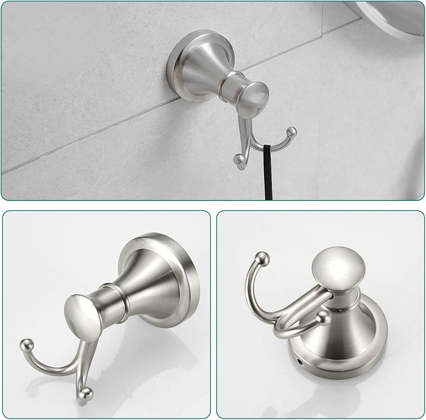 Hoimpro Brushed Nickel 4-Piece Bathroom Bath Set, Wall Mount Bathroom Hardware Fixture (Adjustable Towel Bar Rack, Towel Ring Holder, Paper Towel Holder, Double Towel Hook), Bathroom Accessories