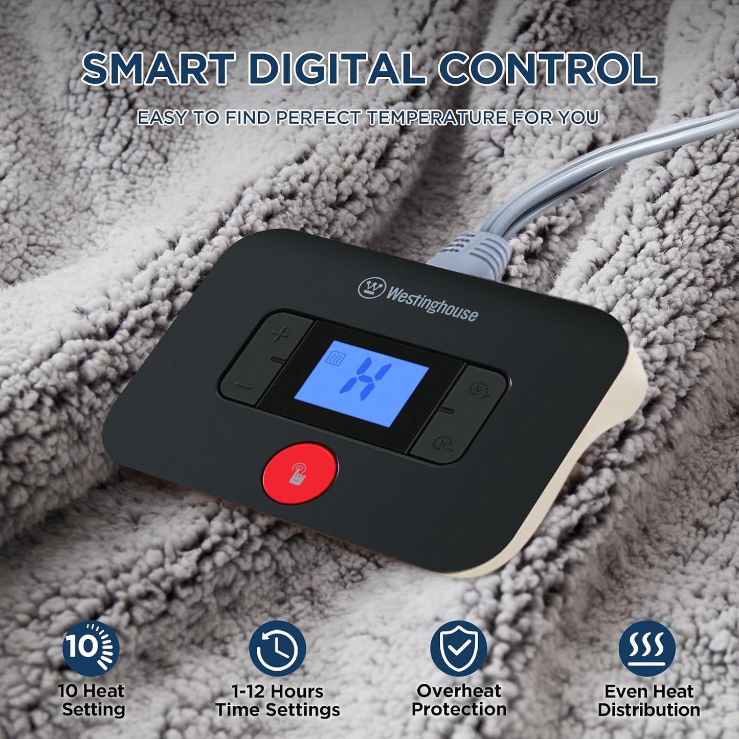 Westinghouse Electric Blanket Twin Size, Soft Plush Sherpa Heated Blanket with 10 Heating Levels & 1-12 Hours Auto-Off, Machine Washable, 62x84 inches, Charcoal