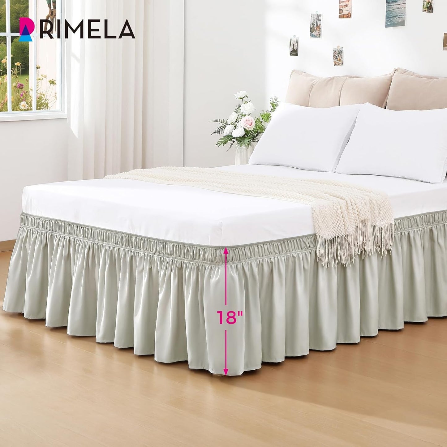 RIMELA Light Grey Bed Skirt Queen Size 18 Inch Drop, Wrap Around Elastic Bedskirt, Dust Ruffle for Adjustable Bed Base Machine Washable Easy to Install Bed Skirts