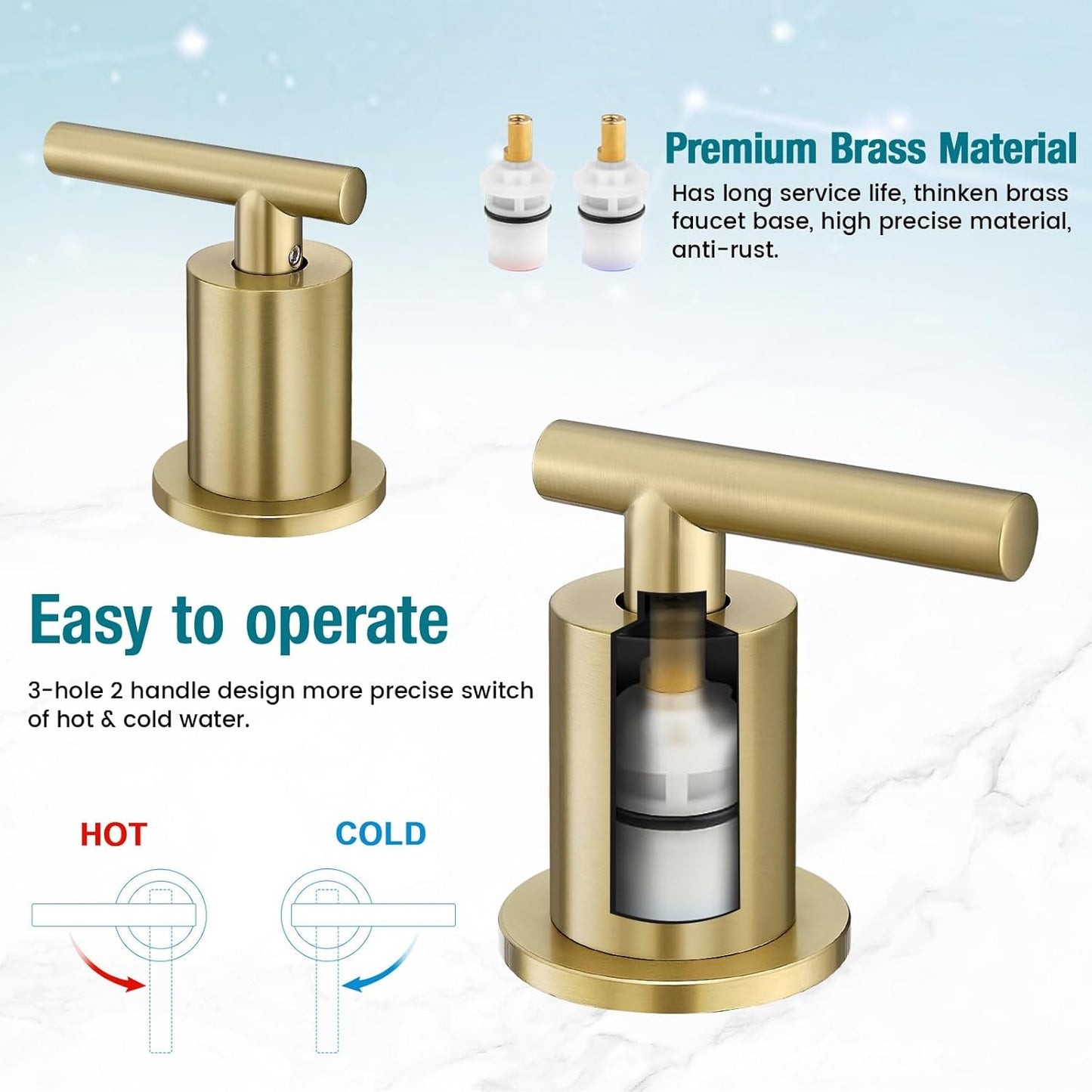 Bathroom Faucet 3 Hole, 8 Inch Widespread with Pop-up Drain, 2 Handle Sink Faucet, Modern Vanity Faucet for Bathroom Sink with 360° Swivel Spout Brushed Gold