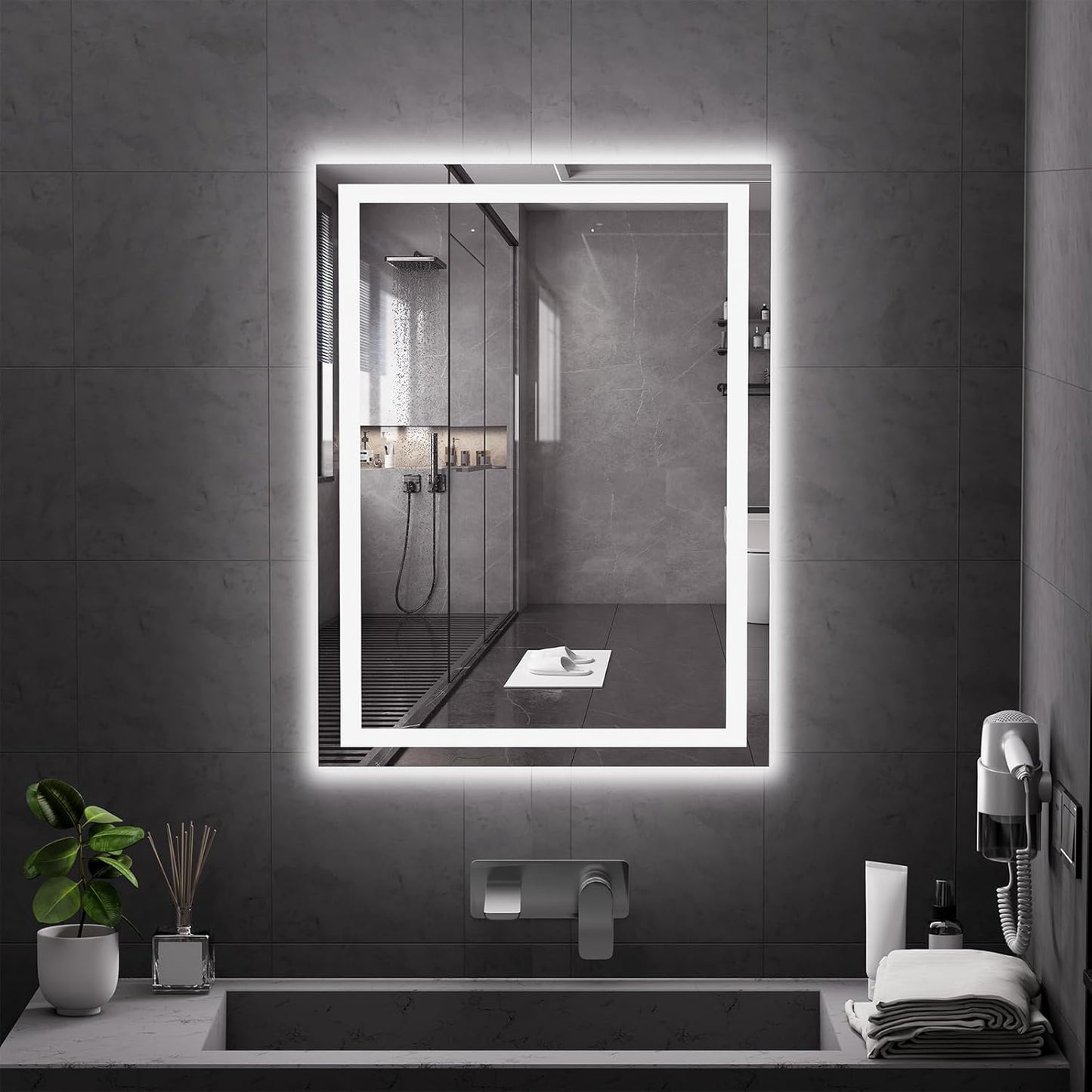 Koonmi 32x24 LED Bathroom Mirror, Backlit + Front Lit, LED Bathroom Mirror with Lights for Wall, 3 Colors, Anti-Fog, Dimmable Brightness, Memory Function, Tempered Glass