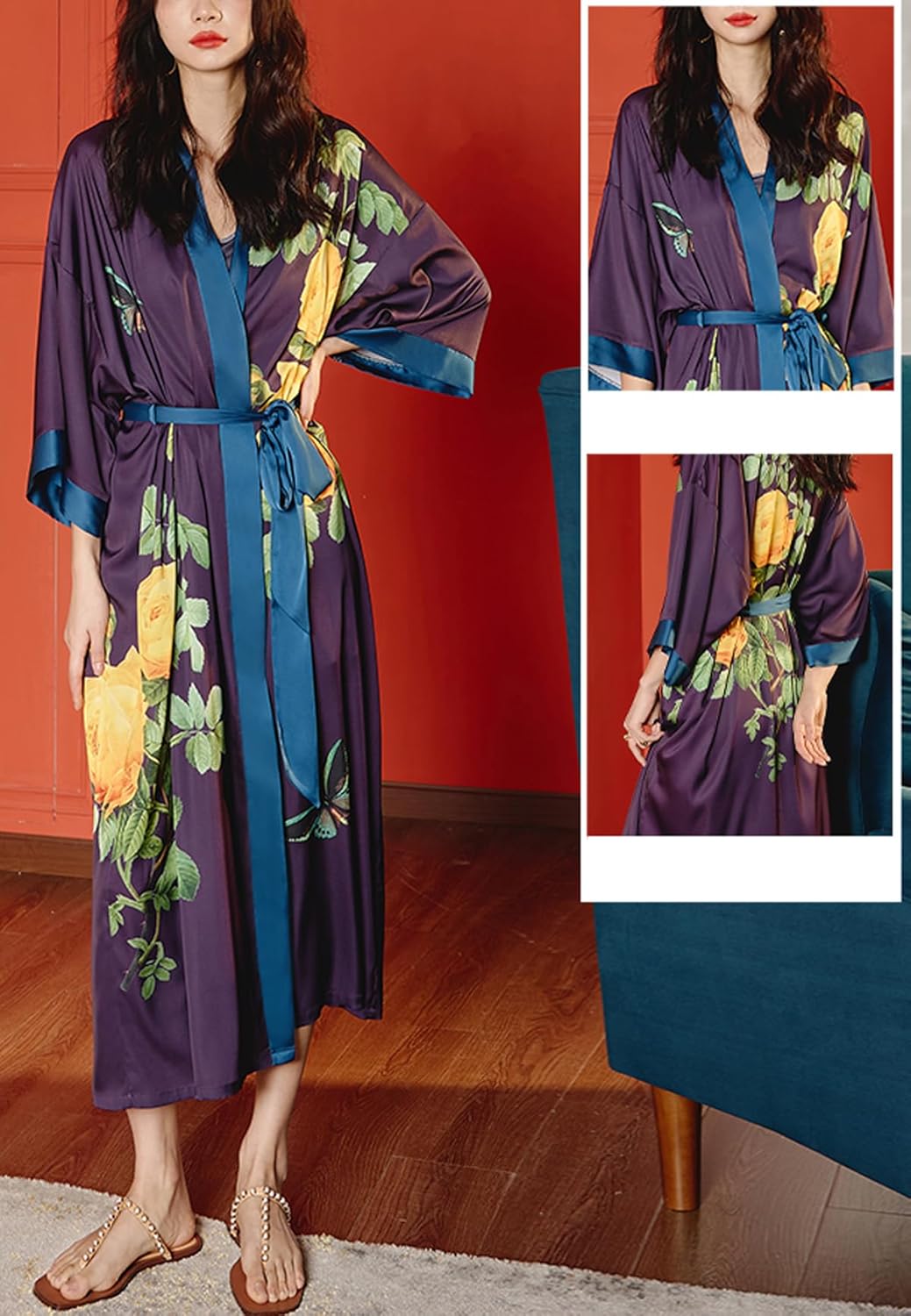 Silk Satin Robe for Women Long Japanese Kimono Robe Lightweight Soft Bathrobe Floral Luxury Dressing Gown