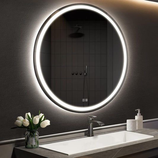 APRILSOUL 24 Inch Round LED Bathroom Mirror with Lights, Makeup Mirror with Front and Backlit, Anti-Fog, 3 Colors and Dimmable Light