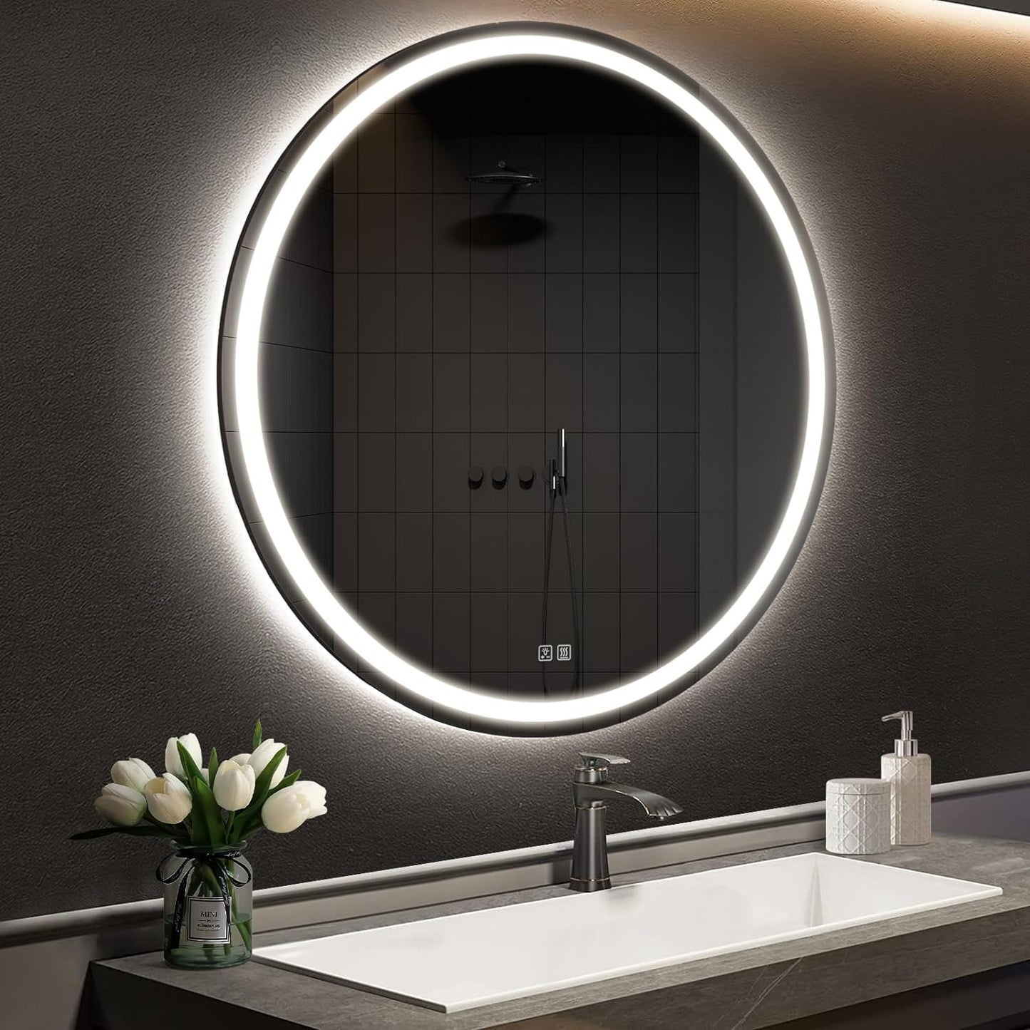APRILSOUL 28 Inch Round LED Bathroom Mirror with Lights, Makeup Mirror with Front and Backlit, Anti-Fog, 3 Colors and Dimmable Light
