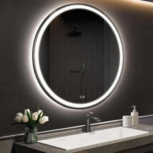 APRILSOUL 32 Inch Round LED Bathroom Mirror with Lights, Makeup Mirror with Front and Backlit, Anti-Fog, 3 Colors and Dimmable Light
