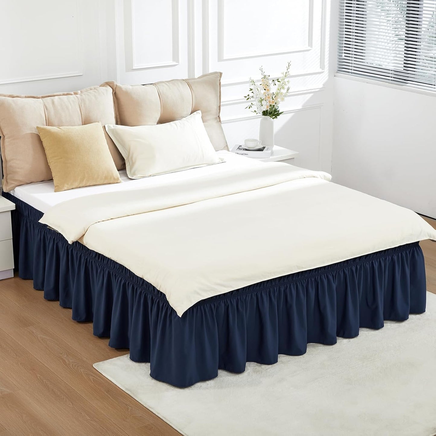RIMELA Navy Blue Bed Skirt Queen Size 15 Inch Drop, Elastic Bed Skirting for Bed Base and Frame, Bedding Dust Ruffle Easy to Install, Lightweight Wrap Around Adjustable Bedskirt