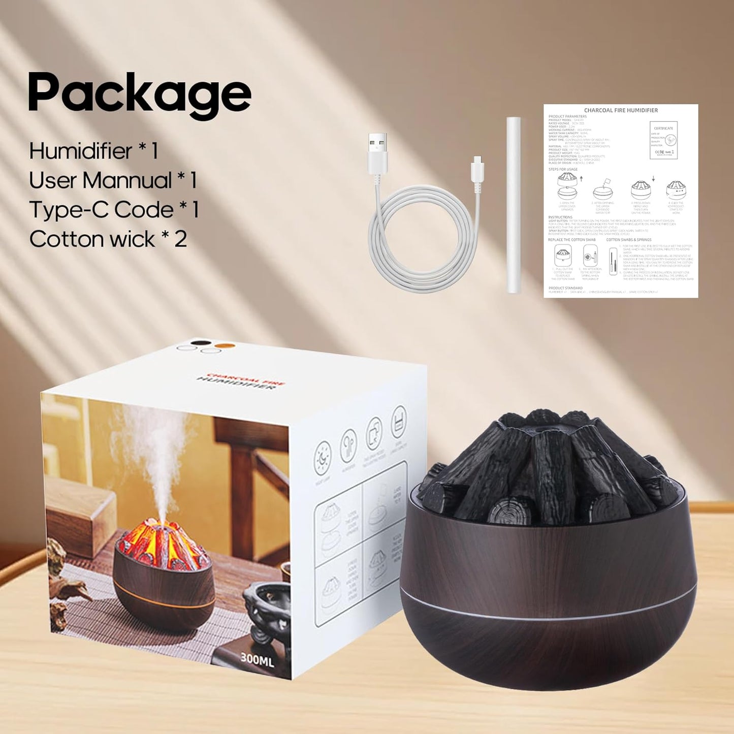 Flame Essential Diffuser Bonfire Humidifier 300ml Ultra-Quiet Auto-Off Aromatherapy Diffuser Campfire Flame Fire Diffuser for Home, Office or Gym- Black