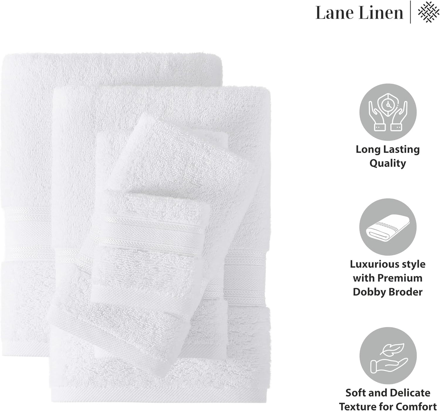LANE LINEN Luxury Bath Towels Set - 3 Piece 100% Cotton Bathroom Towels, Quick Dry, Extra Aborbent, Super Soft Towels Set 1 Hand Towel, 1 Wash Cloths, 1 Bath Towel, White