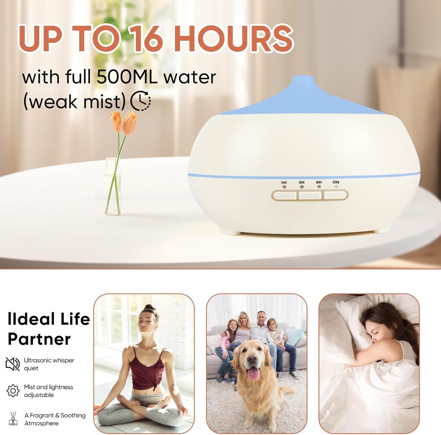 HAPPTWS 500ML Essential Oil Diffuser - BPA Free Ultrasonic Aromatherapy Diffuser, with 7-Color Lights - Waterless Auto Shut Off - Milky white