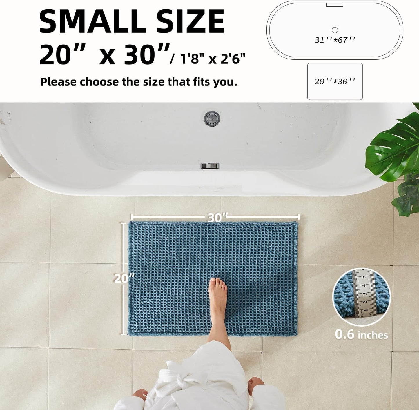 Waffle Bath Mat, Boho Bathroom Rugs Non Slip Washable Super Absorbent Quick Dry Bath Mat Farmhouse Bathroom Decor, 30"x20" Denim Blue