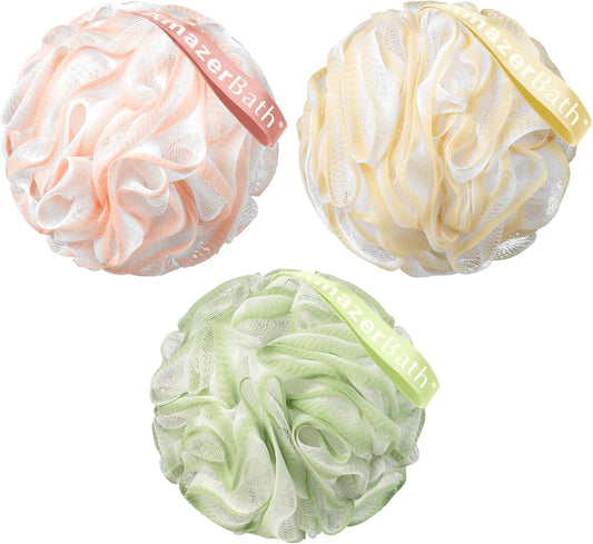 AmazerBath Loofah Sponge, Shower Loofah 60g/PCS - Body Scrubber Loofa Set of 3 Cotton Candy Trio, Bath Sponge for Men and Women