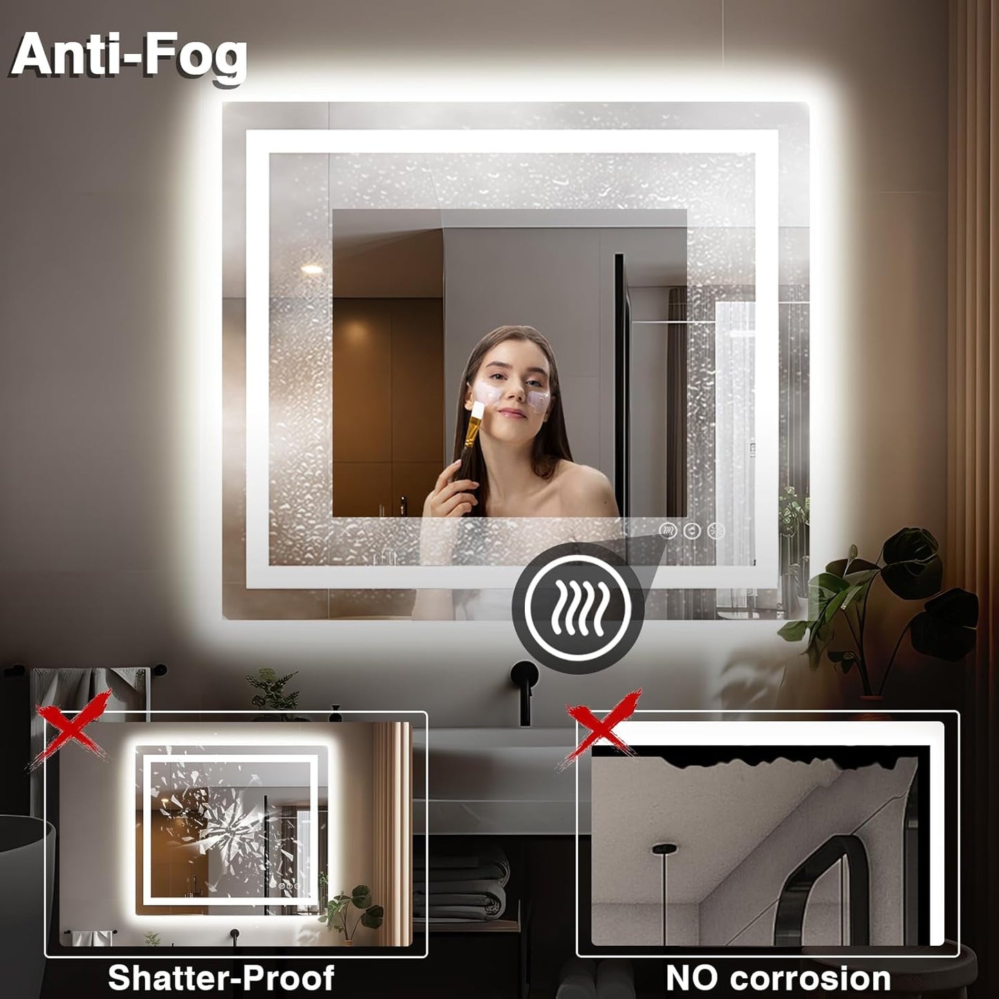 40"x38" Lighted Mirrors for Bathroom Wall, Front and Backlit, Anti-Fog LED Vanity Mirror, Shatter-Proof, 3 Colors Memory Mirror (Horizontal/Vertical)