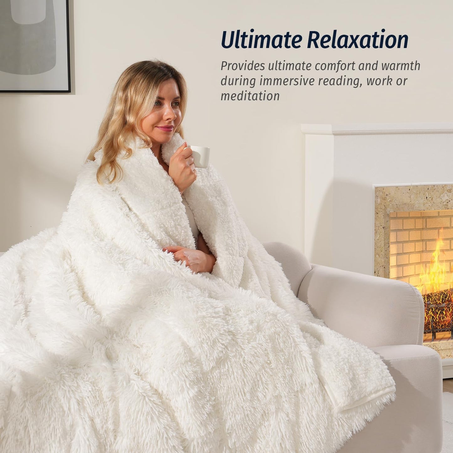 Wemore Shaggy Long Fur Faux Fur Weighted Blanket, Cozy and Fluffy Plush Sherpa Long Hair Blanket for Adult 20lbs, Fluffy Fuzzy Sherpa Reverse Heavy Blanket for Bed, Couch, Cream White, 60 x 80 Inches