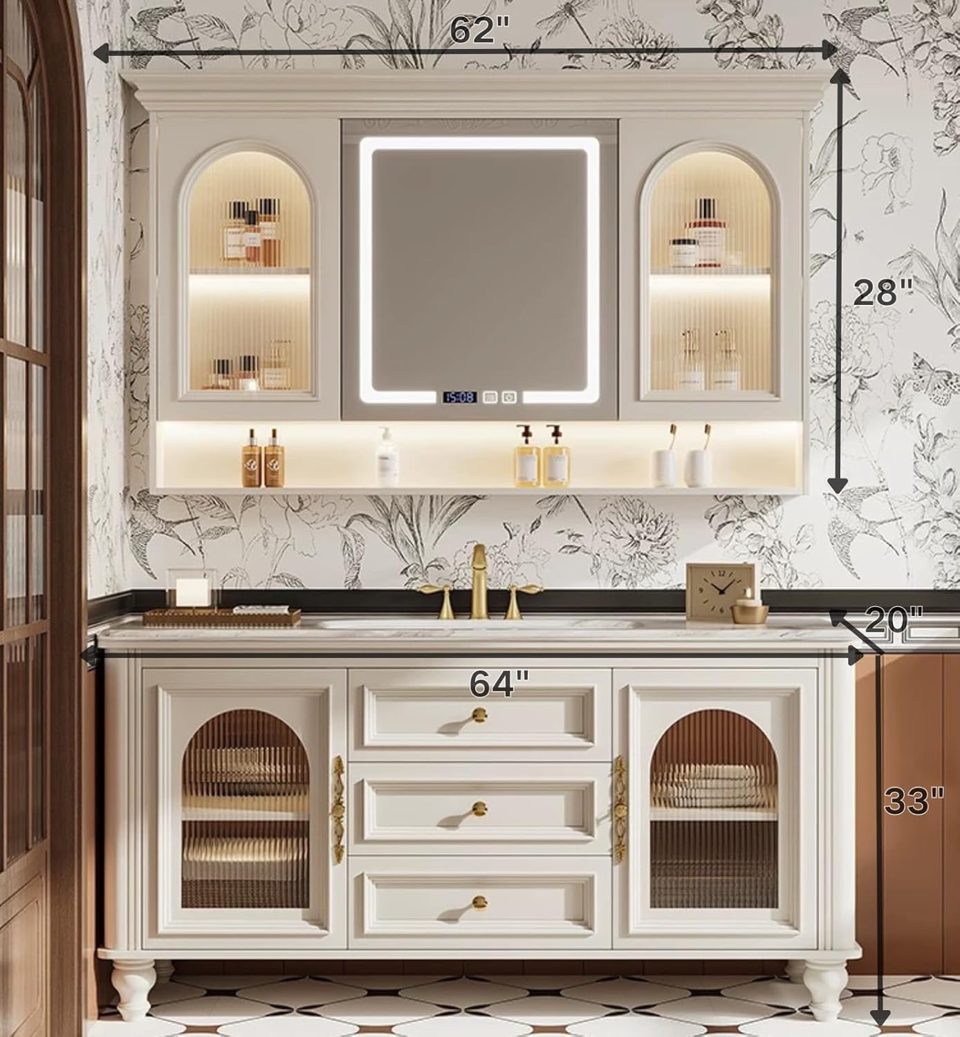 Freestanding Bathroom Vanity with Sink, Solid Wood Bathroom Vanity Set, Vintage Bathroom Vanities with Large Capacity Storage Cabinet and Open Shelf, Elegant Vanities (White,64")