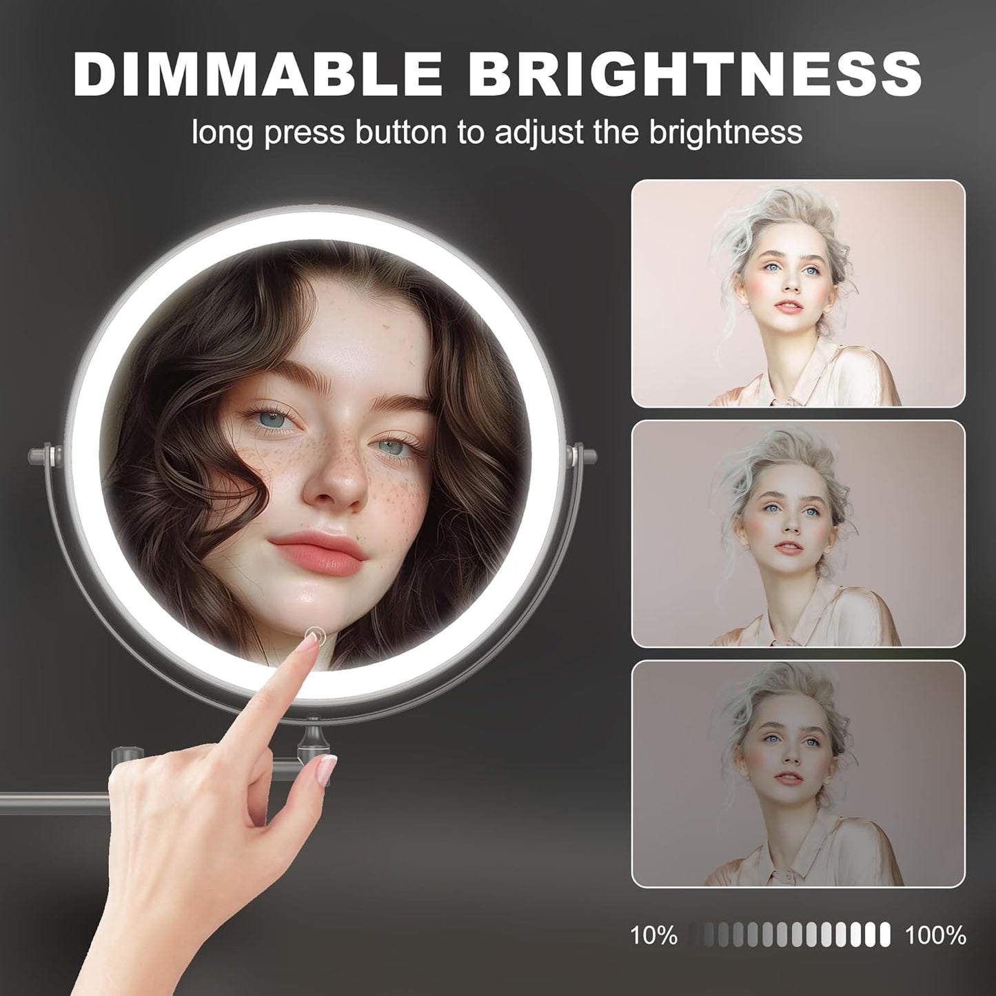 Hasipu 10-Inch Wall Mounted Makeup Mirror with Magnification, Rechargeable 3000 mAh Vanity Mirror with Lights, Bathroom Mirror with Dimmable Brightness, 3 Lighting Modes, Extendable Arm, Black
