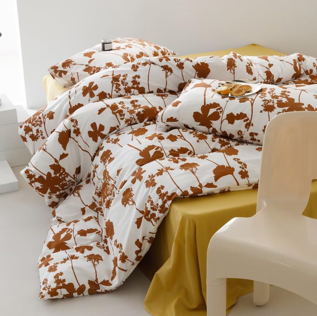 KAREVER Botanical Comforter Set Cal King White Pumpkin Floral Plant Bedding Comforter Girls Blanket Rustic Leaf Blossom Women White Farmhouse Comforter California King