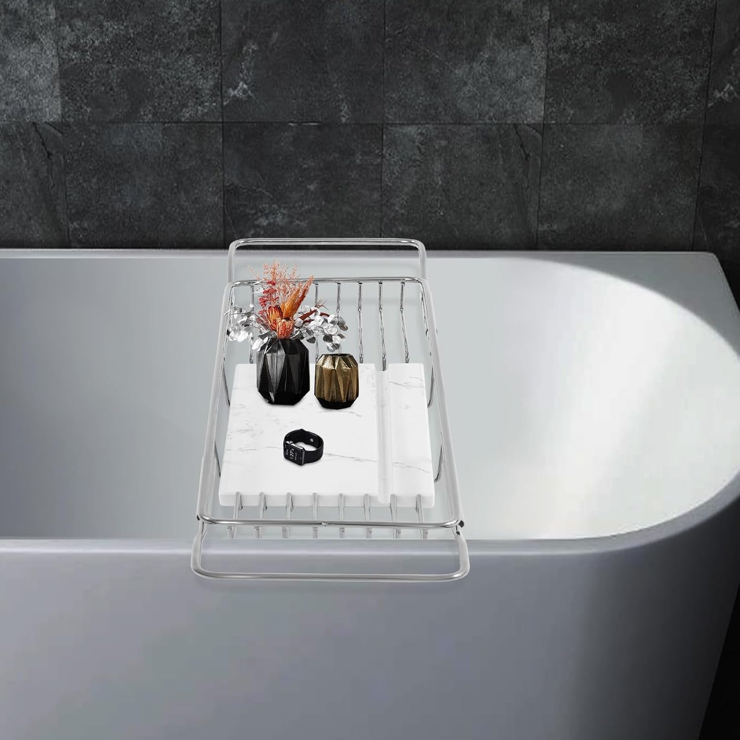 Bathtub Tray & Bathtub Caddy, Expandable Stainless Steel Bath Tub Table with Reading Holder, Adjustable Over The Tub Tray for Bathroom Accessories and Organization