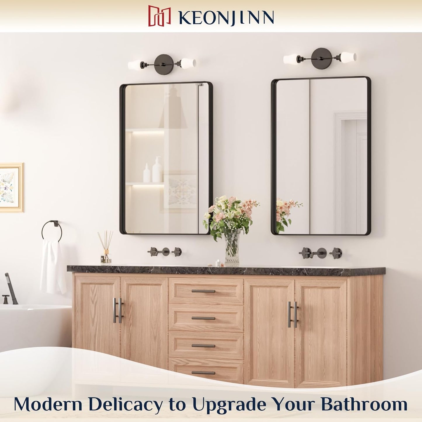 Keonjinn Black Bathroom Mirror for Vanity 24 x 36 Inch Metal Framed Wall Mirror Matte Black Rounded Rectangle Farmhouse Mirror, HD Tempered Glass, Wall-Mounted Decorative Mirrors(Horizontal/Vertical)
