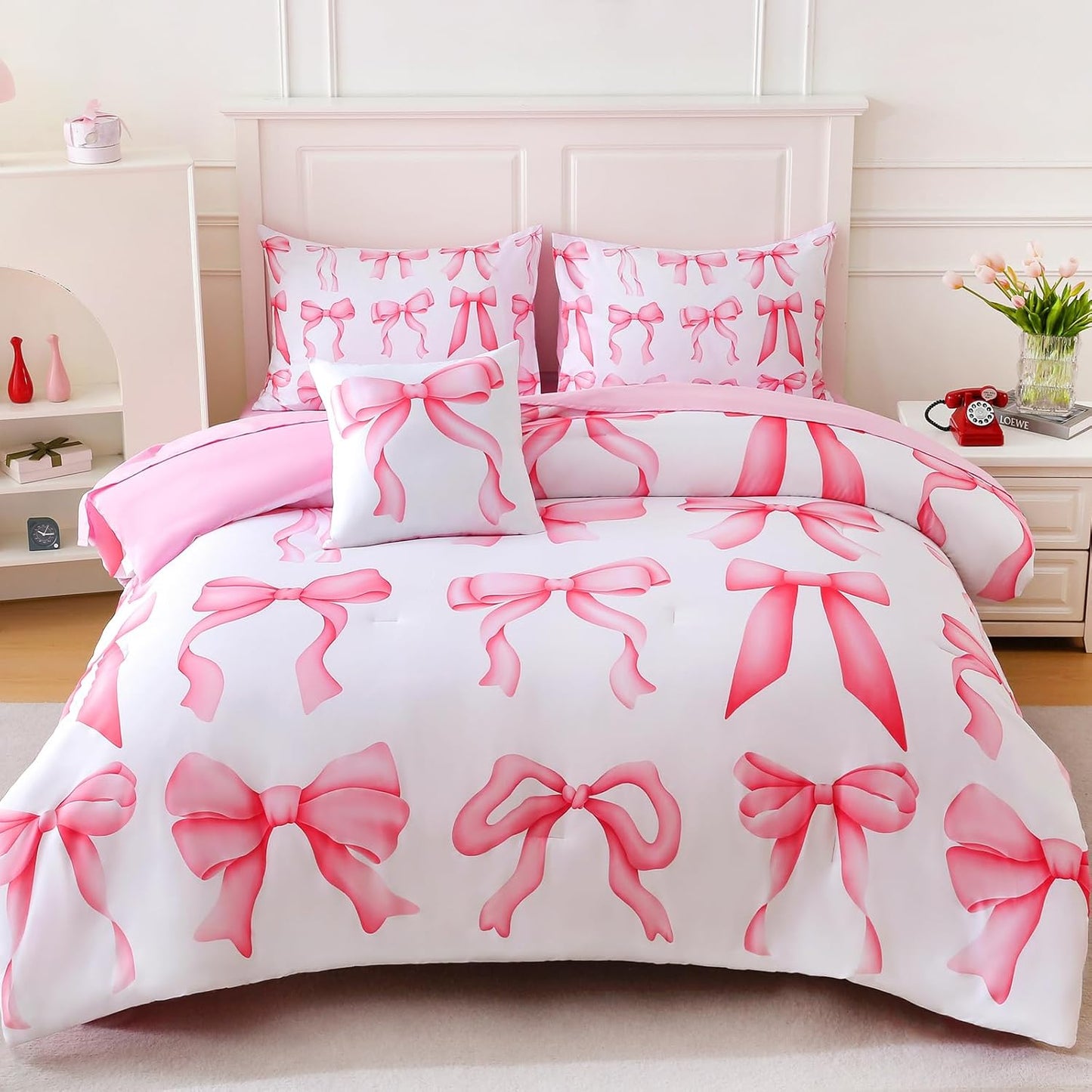 6 Pieces Full Comforter Sets with Sheets Pink Bed in a Bag for Girls,Bow Comforter Set,Bow Full Bedding Sets for Kids