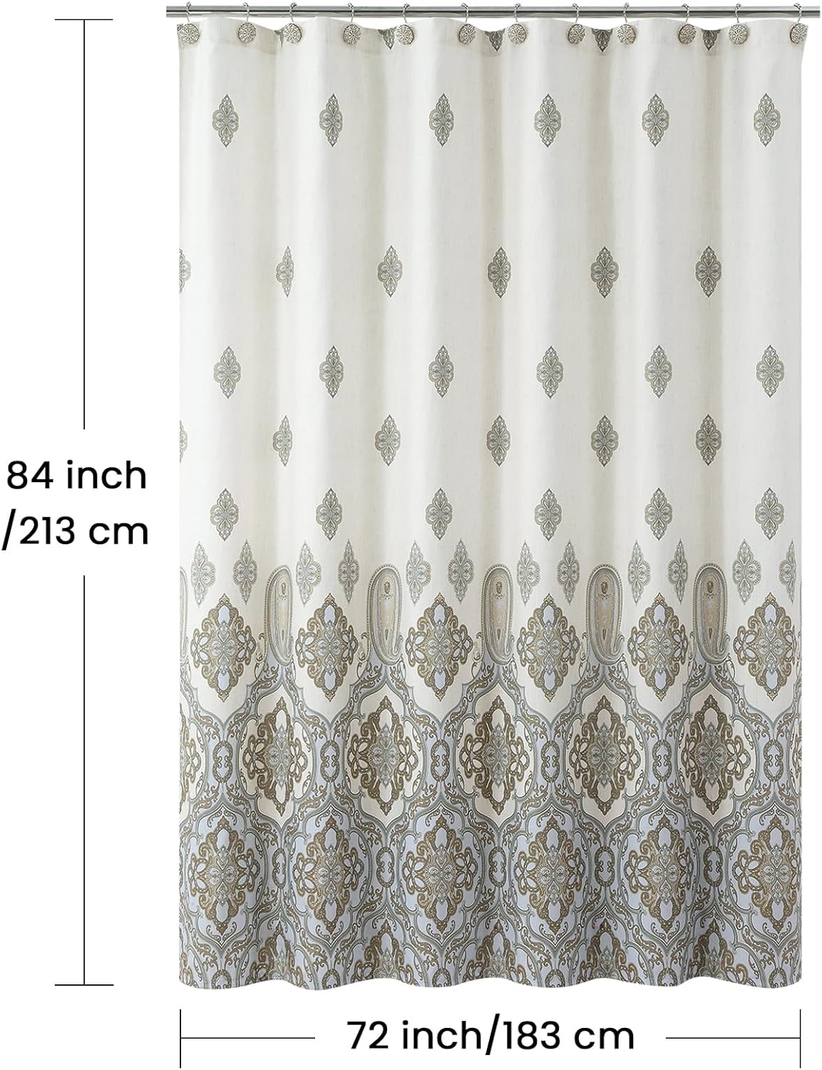Extra Long Fabric Shower Curtain, Ivory Taupe Blue Moroccan Paisley Pattern Shower Curtains for Bathroom, 72" W x 84" H