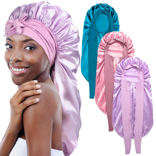 3PCs Bonnets for Black Women - Braid Bonnet, Satin Silk Sleep Bonnet with Stretchy Tie Band for Long Curly Hair (Blue, Rose Pink, Purple)