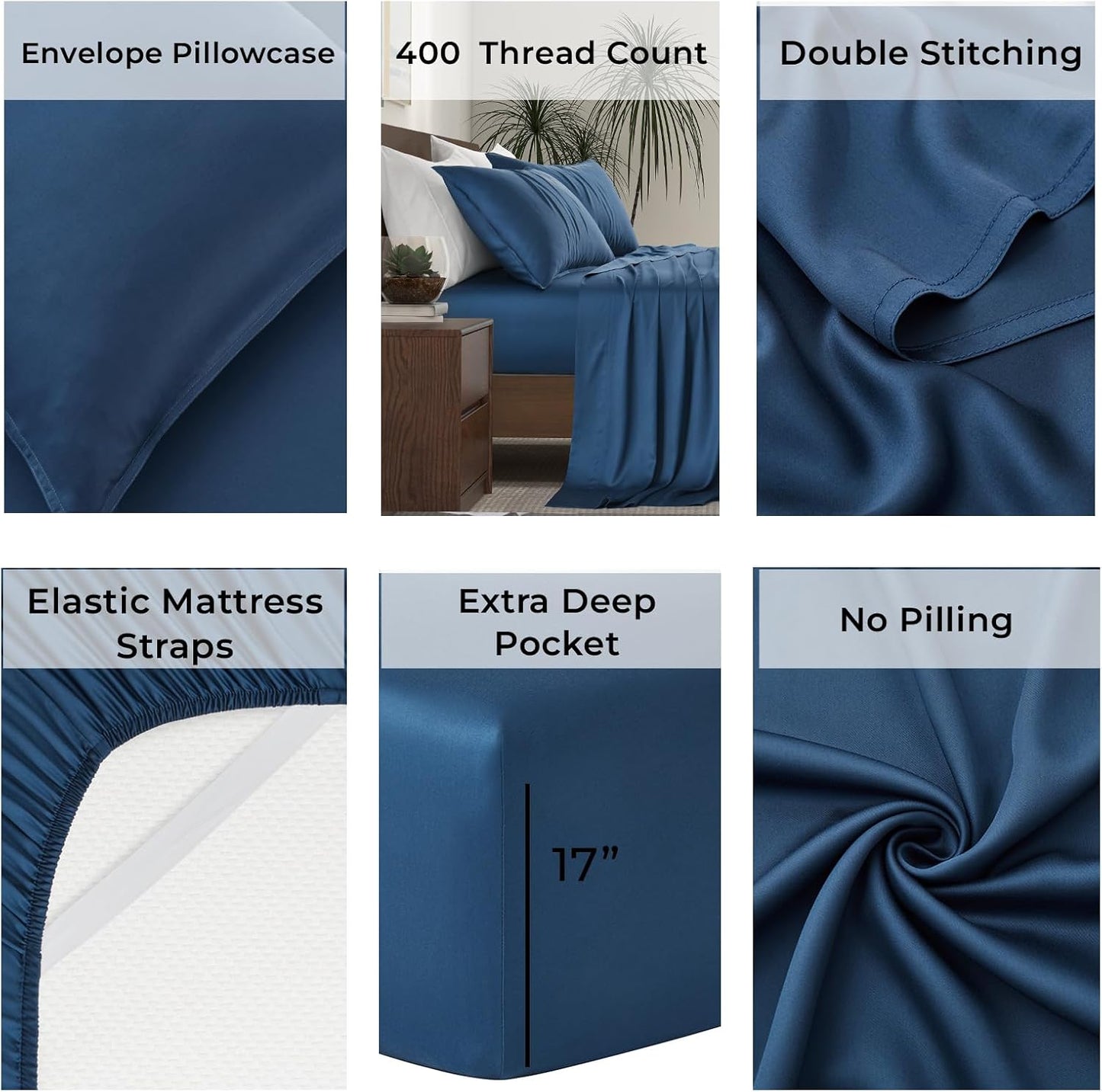 Luxury Bamboo Market | Queen Size Bed Sheet Set | 100% Viscose Made from Bamboo | Organically Grown | Ultra Soft | Cooling Sheets for Hot Sleepers | 17" Deep Pocket [Midnight Blue]