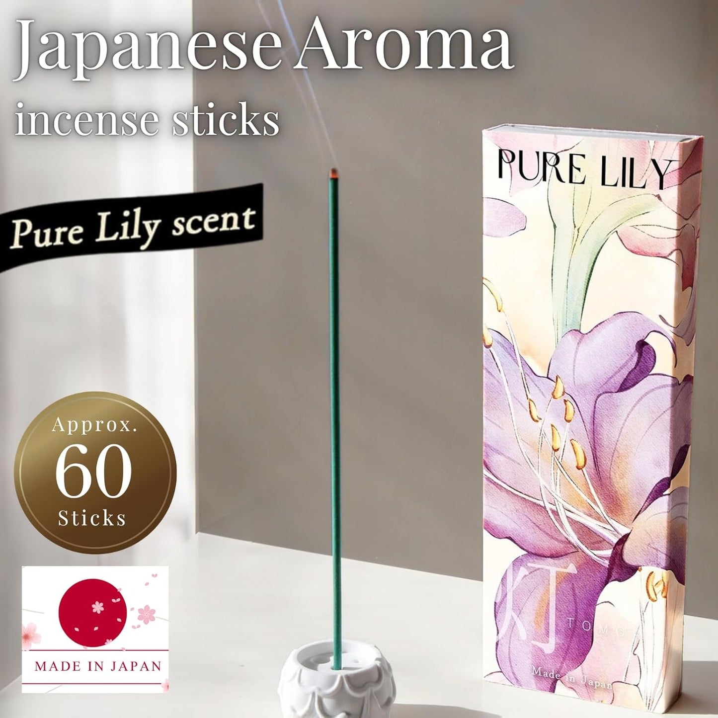 Luxury Japanese Incense Sticks 60sticks Pure Lily Bergamot Vanilla Jasmine Coreless Low Smoke Natural Charcoal Free Non Toxic Aromatherapy Meditation Calming Stress Relief Relaxation Yoga TOMORI