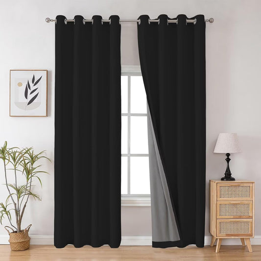 Joydeco Blackout Curtains - 96 Inch Long, Grommet Solid Black Curtains for Living Room & Bedroom, 2 Panels