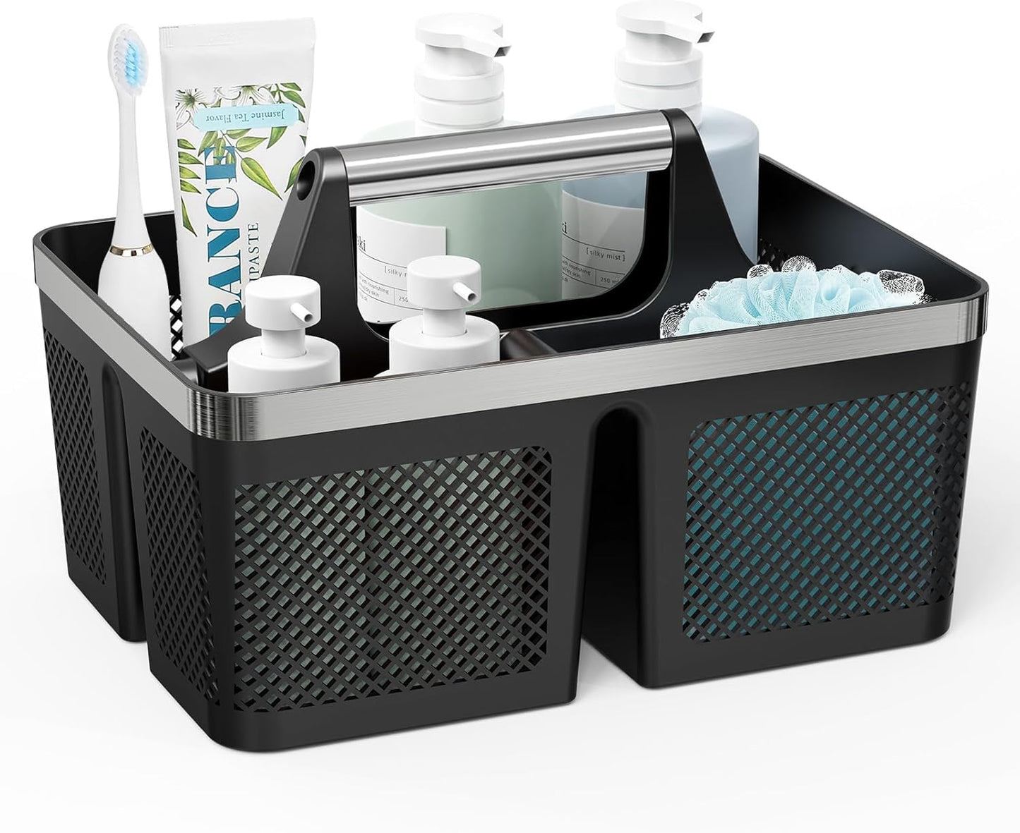 Black Shower Caddy Portable: Plastic Bathroom Caddy Organizer with Handle and Holes, Cleaning Caddy, Hard Shower Basket Storage Tote for Toiletry, College Dorm Room Essentials for Men