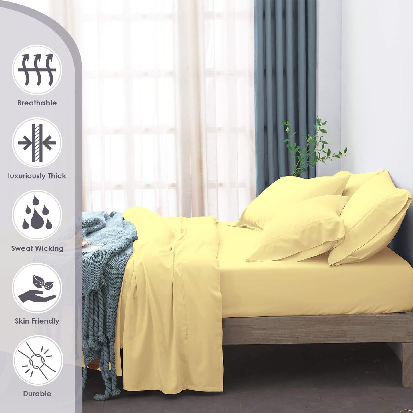 Pizuna Pure 100% Cotton Bed Sheets Set King Size Mellow Yellow, 800 Thread Count 100% Long Staple Cotton Sateen King Sheet Set with 15" Deep 2 Extra Pillowcases (Combed Cotton Bed Sheet Set)