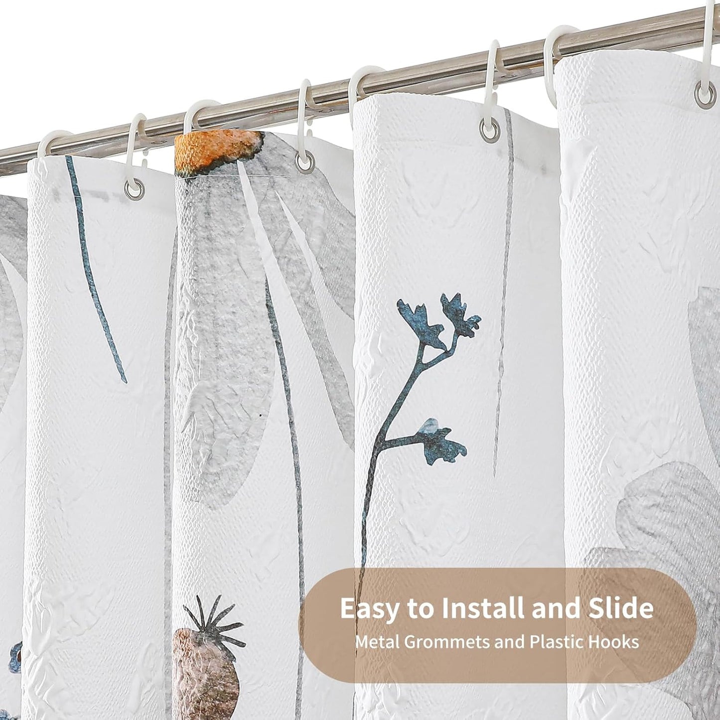 QiyI Floral Shower Curtain, 3D Embossed Butterflies Flower Bathroom Curtain, Watercolor Grey Daisy Minimalist White Cloth Bath Curtain, Waterproof Fabric Soft Shower Curtain Set with Hooks, 72x72