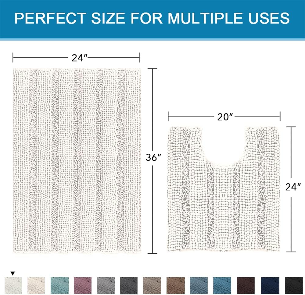 H.VERSAILTEX Bathroom Rugs Bath Rug Set 2 Piece Bathroom Contour Rug Toilet Mat Sets Non Slip Contour Bath Rug Ultra Thick Water Absorbent Striped Bath Mats Washable(36" x 24" Plus 20" x 24" U, Ivory)