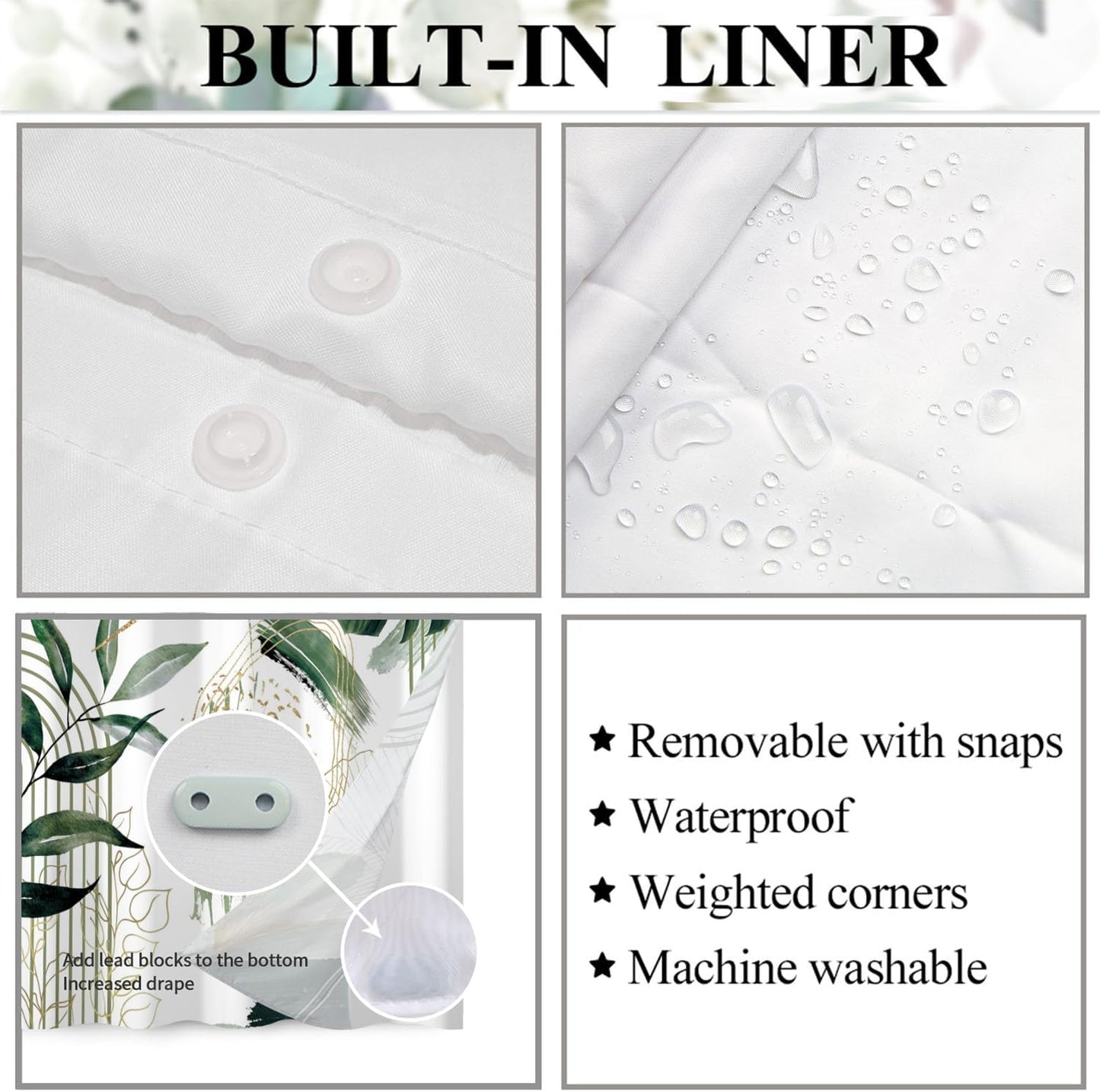 Boho Shower Curtain No Hooks with Snap in Fabric Liner Set,Modern Boho Shower Curtains Hotel Bathroom Decor,with See Through Top Window,Green Botanical Sage Fabric Waterproof Shower Curtain,71W x 74H