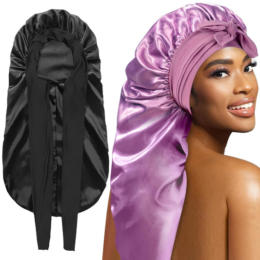 2Pcs Bonnets for Black Women Braid Bonnet, Large Long Satin Bonnet for Braids, Silk Bonnet with Stretchy Tie Band Sleep Cap Hair (Black&Dark Purple)