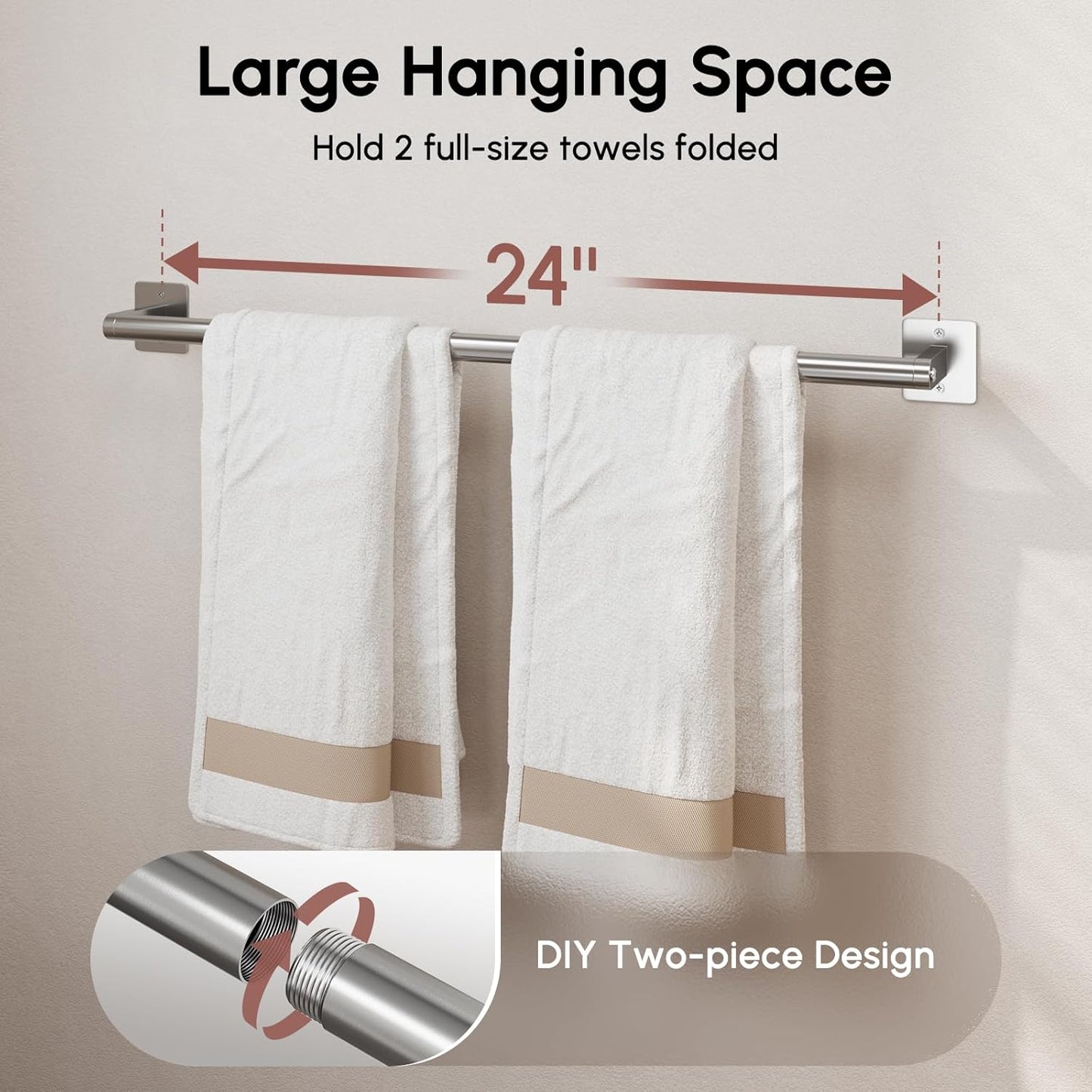USHOWER Brushed Nickel Towel Bar, 24 Inch Towel Racks for Bathroom Wall Mounted, Heavy Duty Stainless Steel Towel Holder, Easy Installation (Total Length 26 Inch)