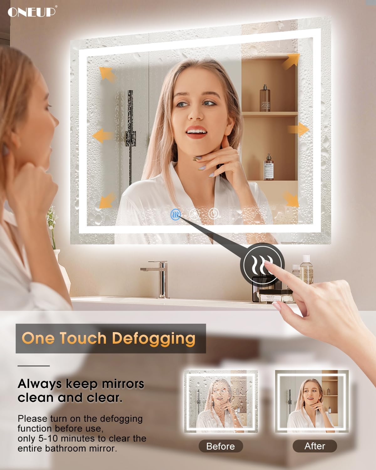 oneup 48''x40'' Bathroom Mirror with Lights,Front Lighted Bathroom Mirrors for Wall,Anti-Fog Smart Vanity Mirror,Touch Button and Memory Function,Dimmable 3-Color Lights