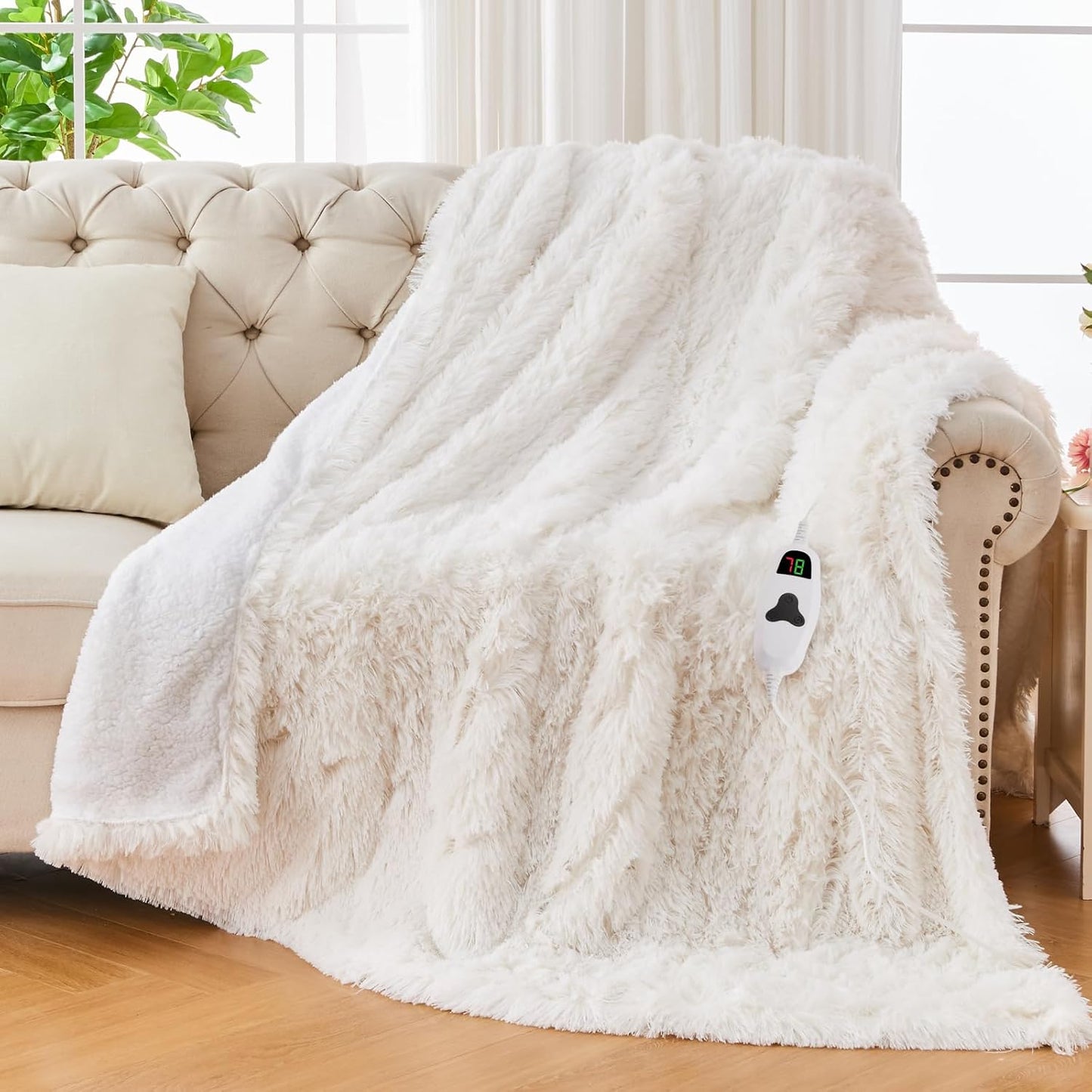 Heated Electric Blanket Throw–Faux Fur with Soft Thick Sherpa,Warm Winter Birthday Gifts for Women Grandma,10 Heat Settings,5 Time Settings with Fast Heating, 50x60, Snow Cloud