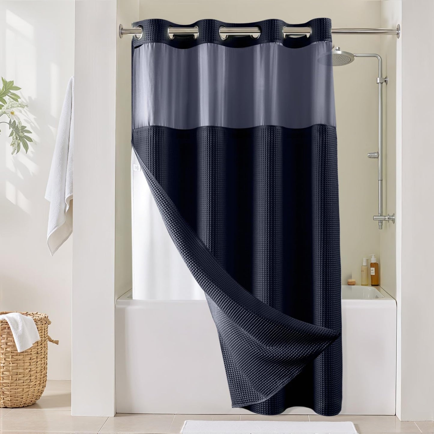 River Dream Navy Blue Fabric Shower Curtain Set, Cotton Blend, Waffle Weave, with Snap in Replacement Liner，54 x 80inches