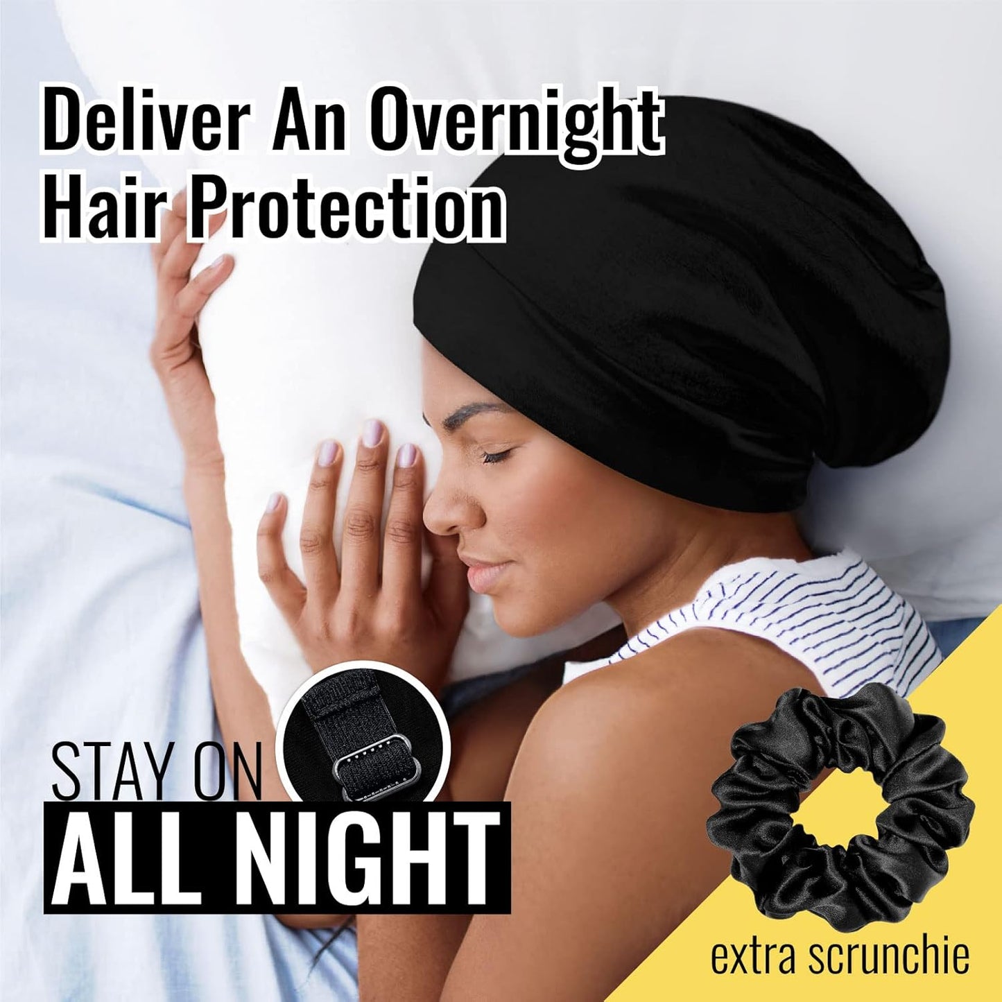 Satin Lined Sleep Cap and Scrunchie for Curly Hair and Braids, Stay On All Night Hair Wrap with Adjustable Strap for Women and Men, Black