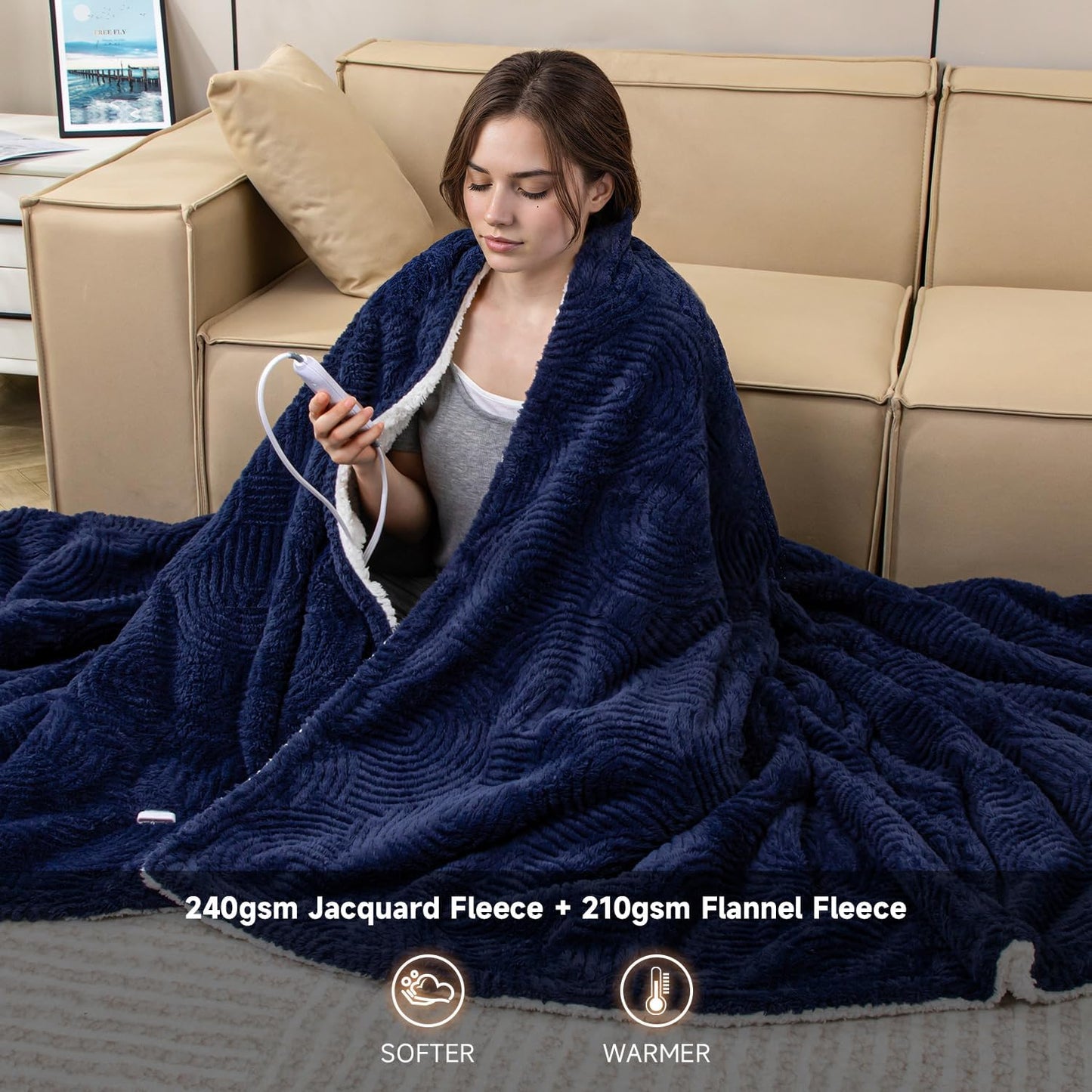 Heated Blanket Queen Size - 84"x90" Cozy Soft Jacquard Heating Blanket with 4 Heat Levels & 10 Hours Auto-Off, Jacquard Fleece, Overheating Protection, Warm Gifts, Navy