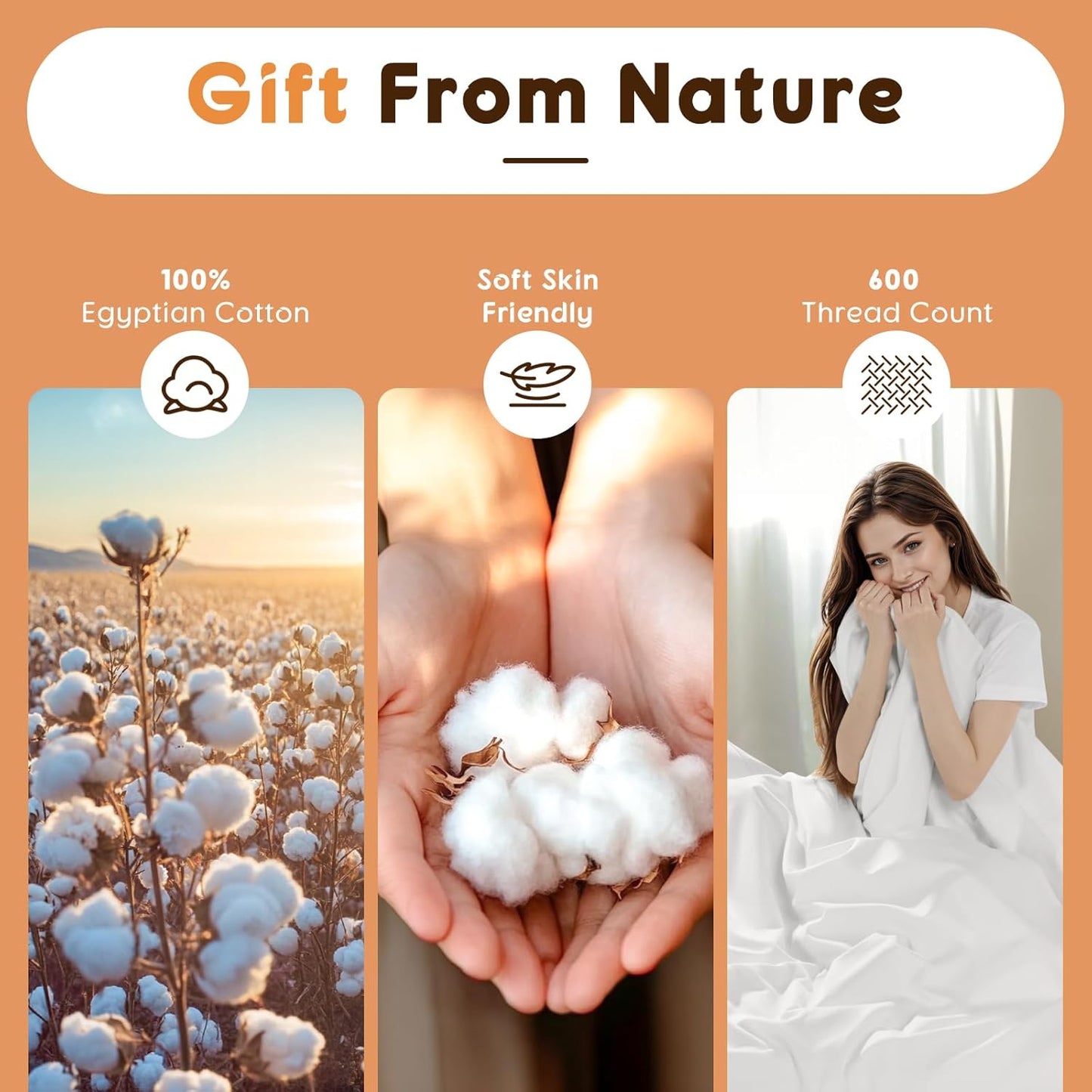 LBRO2M 100% Cotton Sheets Set Queen Size 600 Thread Count 4 Piece Sets Bed Sheet Deep Pocket Up to 16" Soft Comfortable All Season (Queen, White)