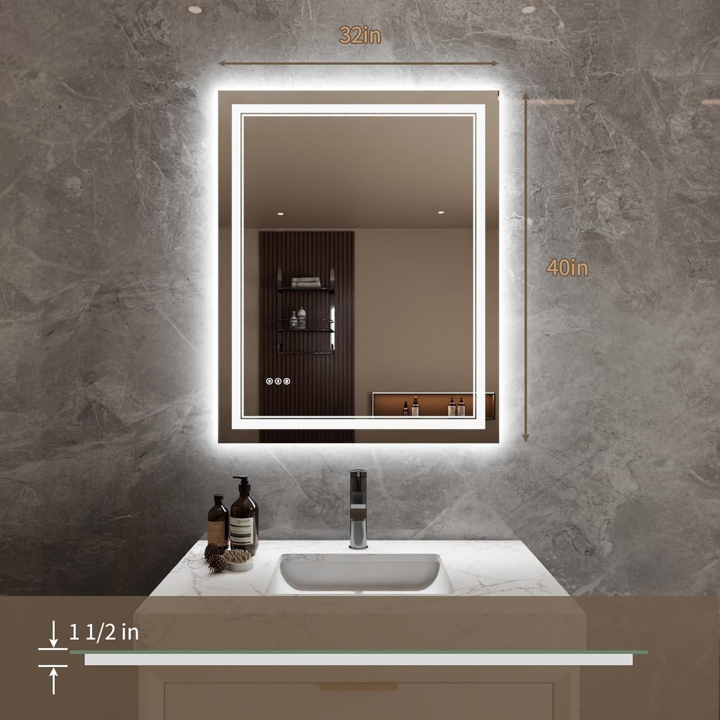 Bathroom Mirror with Lights 32"X40" with Front Light and Backlit, Tempered Glass, Wall Mount Horizontal/Vertical, Stepless Dimmable, 3 Colors, Anti Fog, Bathroom Memory LED Mirror