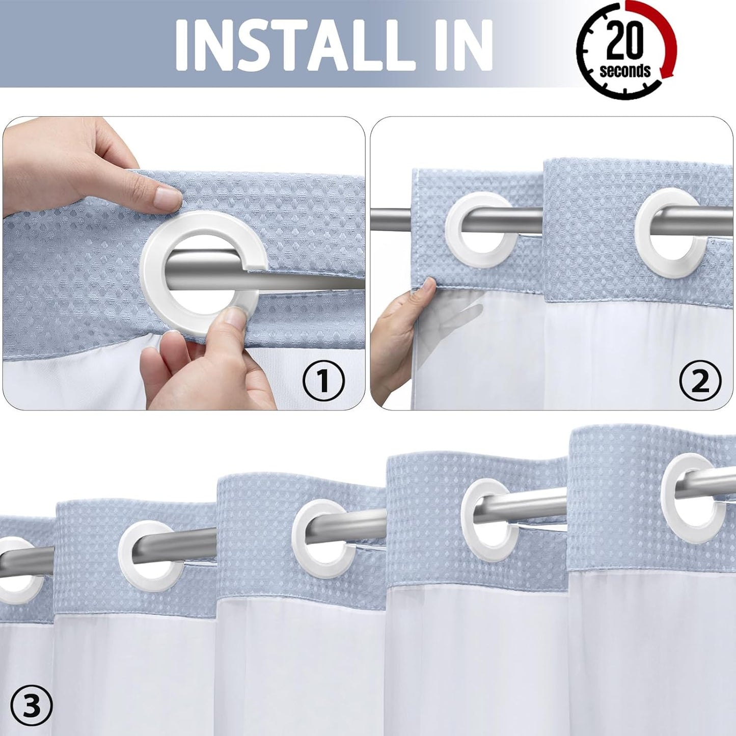 YellyHommy No Hook Shower Curtain with Snap in Liner Set Less Time Waffle Shower Curtain for Bathroom 75" L x 72" W Mist Blue