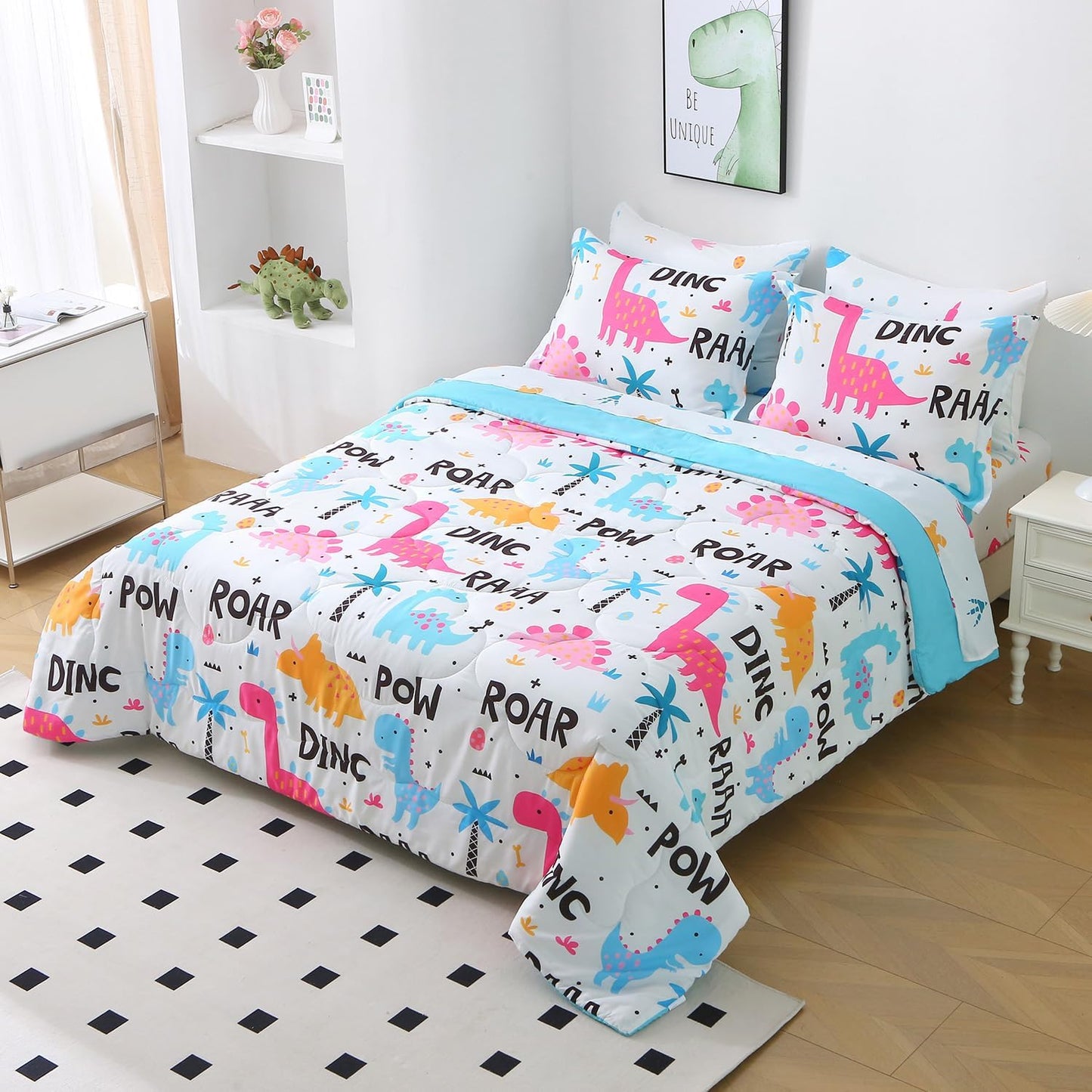 Wajade 7 Piece Kid Girls Dinosaur Comforter Set Twin Size 3D Pink Dinosaur Wild Park Jungle Print Bedding Set with Comforter, Sheet Set, Pillowcase and Sham