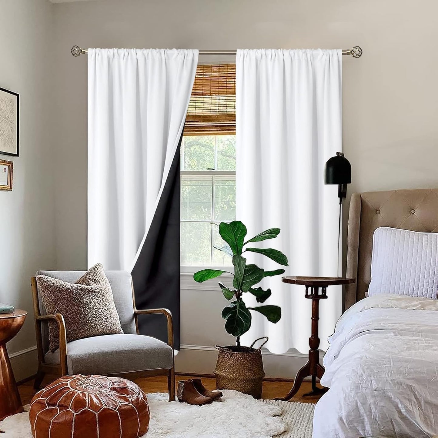 BGment Thermal Insulated 100% Blackout Curtains for Bedroom with Black Liner, Double Layer Full Room Darkening Noise Reducing Rod Pocket Curtain (52 x 72 Inch, Pure White, 2 Panels)