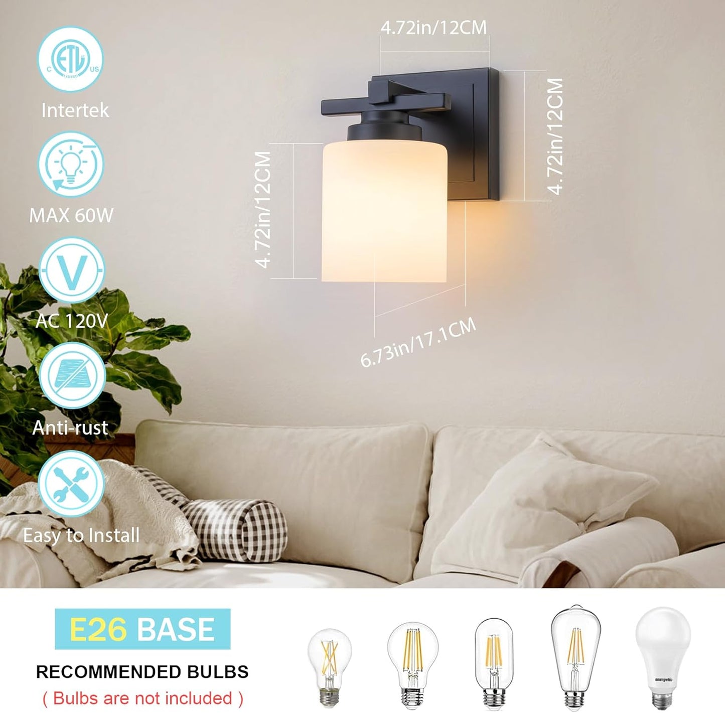 1 Light Modern Bathroom Light Fixtures Over Mirror, Black Vanity Lights for Bathroom Wall Sconces with Milky White Glass Shades, E26 Socket (Bulbs Not Included)