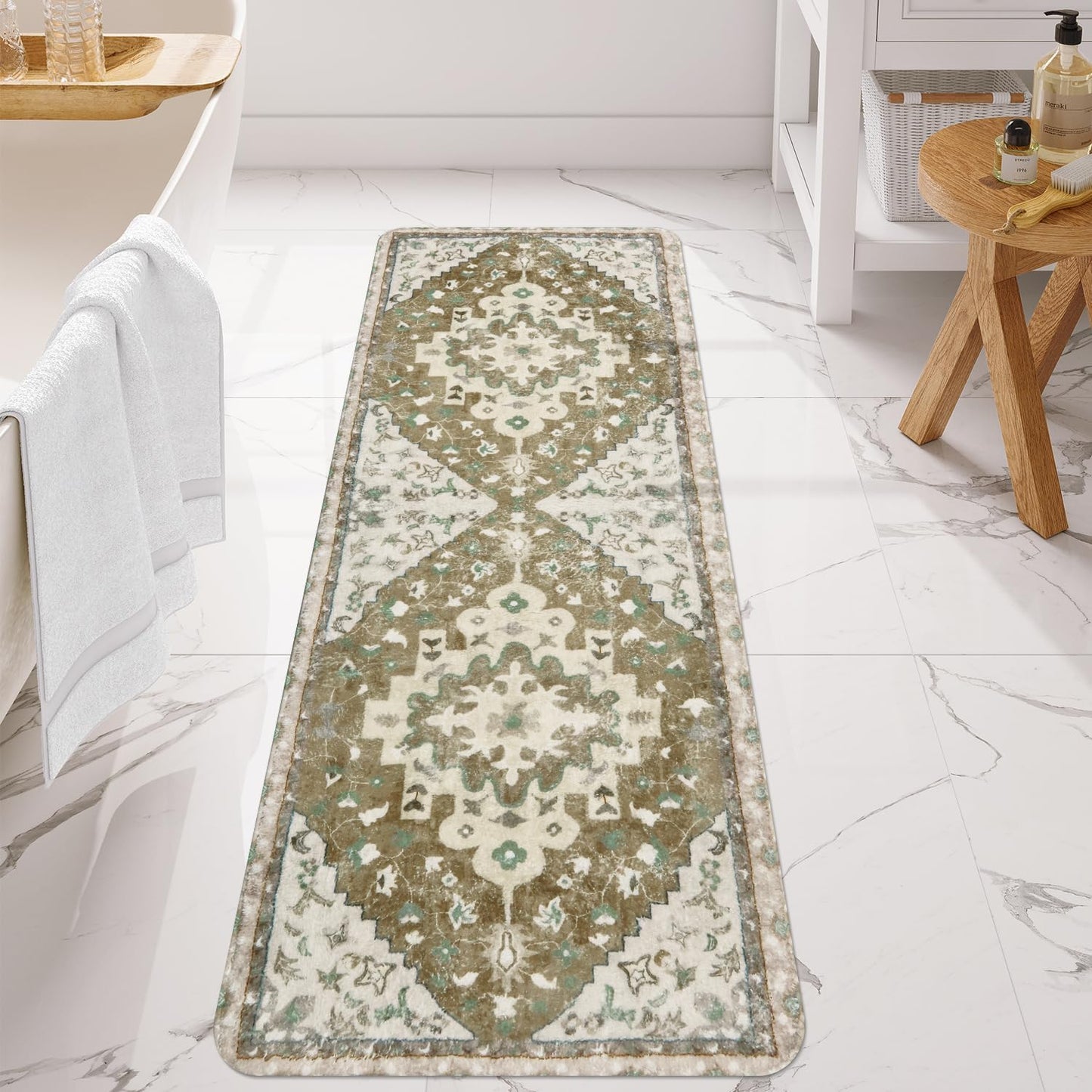 Uphome Boho Vintage Non-Slip Soft Long Bath Mat Oriental Tribal Machine Washable Bath Rugs, 20x59 inch Khaki
